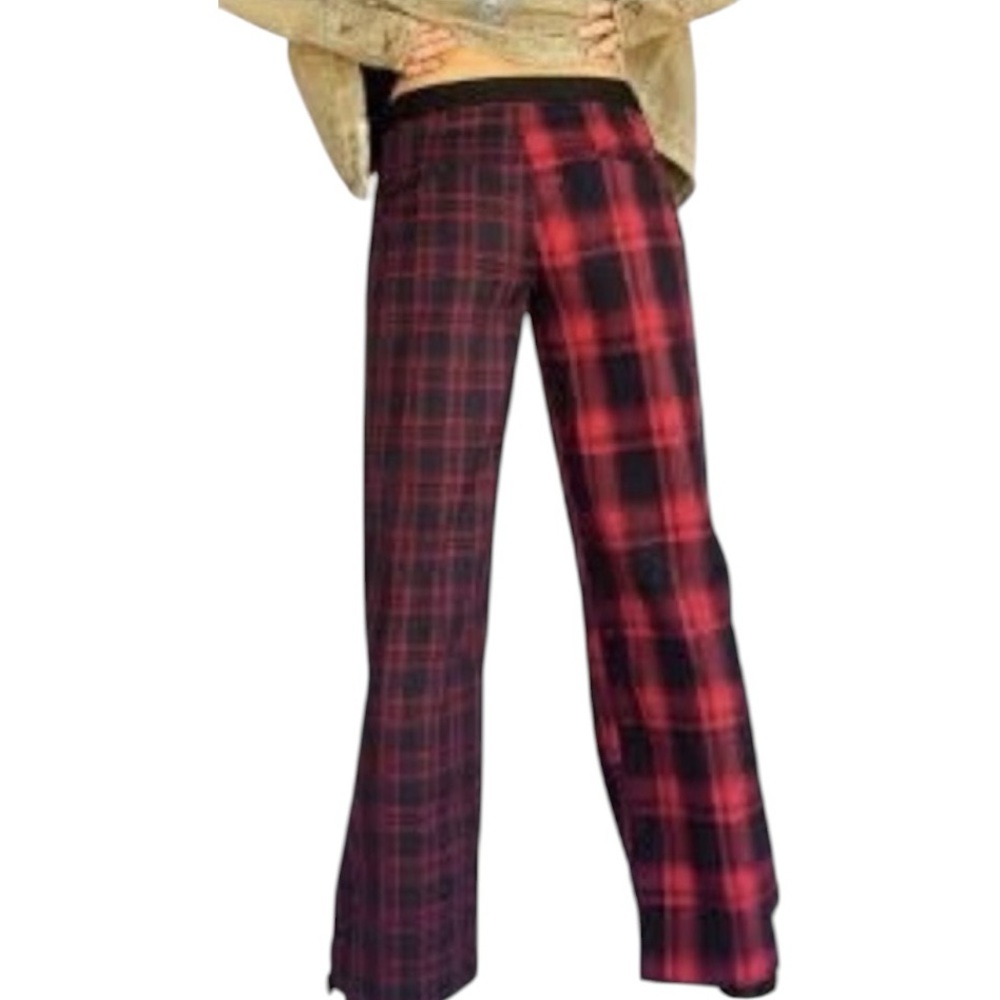 Free People Coffee Break Red Plaid Wide Leg Pants Size 24